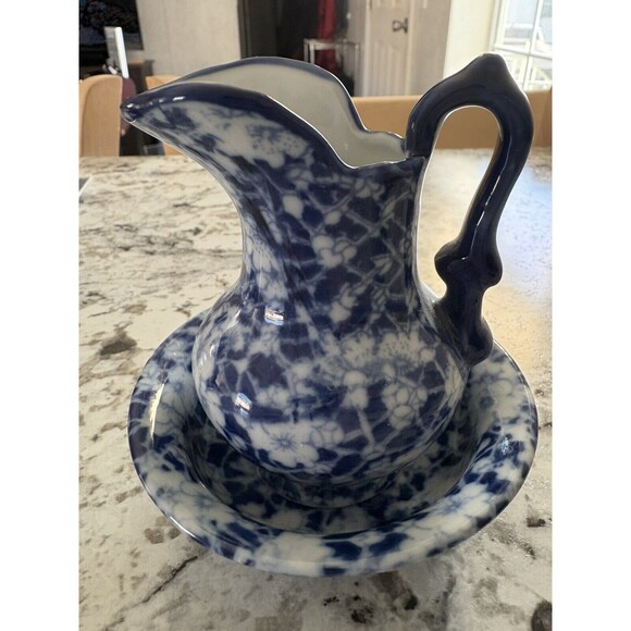 Vintage Antique Victoria Ware Ironstone Small 4" Pitcher & 4" Basin Calico Blue - Picture 4 of 10